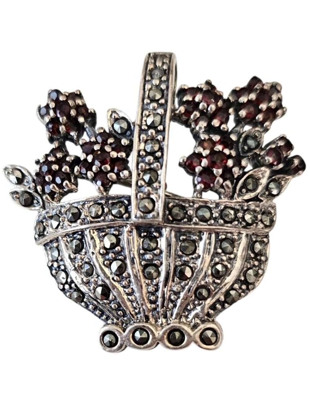 Sterling Silver Garnet Marcasite Basket Pendant Brooch, J67